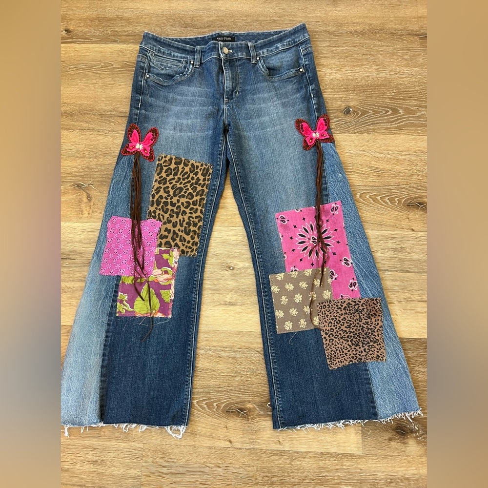 Upcycled wide leg mid rise jeans with patchwork and butterfly embellishments - Picture 2 of 9